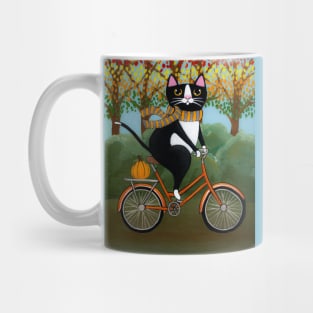 Tuxedo Cat Autumn Bicycle Ride Mug